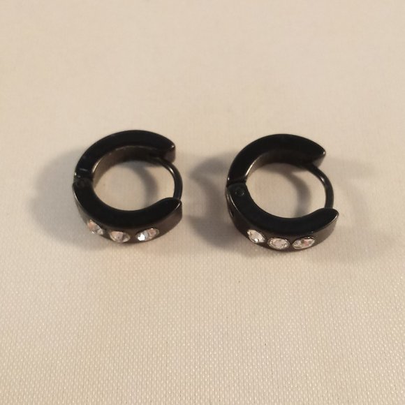 Mens Black Stainless Steel Diamond Zircon Hoop Huggie Earrings 14mm Party Gift - Picture 3 of 5